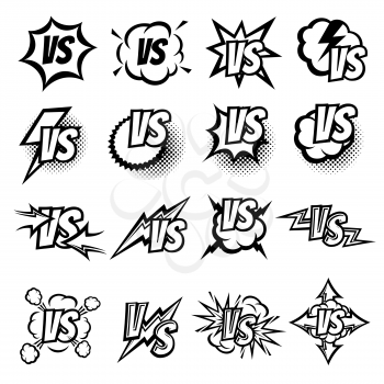 Versus vector logo set. Argue fight symbols in cartoon comic style. Versus challenge and battle fight, sport and game vs illustration