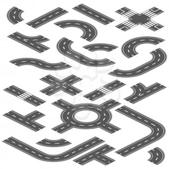 Isometric road and highway vector elements for city map creation. Road highway path for traffic illustration