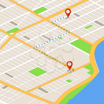 Isometric 3d map with location pins. Gps navigation vector background. Route on 3d map navigator, gps location on street illustration