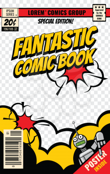 Comic book cover vector template. Comic book poster, illustration of magazine page editable