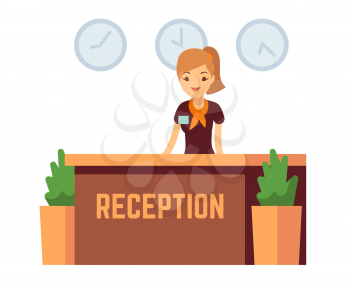 Bank office or hotel reception with receptionist smiling woman vector illustration. Reception hall with woman receptionist
