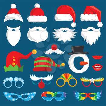 Christmas holiday photo booth props vector collection. Xmas santa party photography prop set. Xmas holiday photo booth elements costume and beard with nose illustration