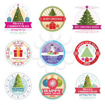 Merry christmas vector labels. Winter holiday retro emblems and logos. Flat christmas label, new year 2018 emblem illustration