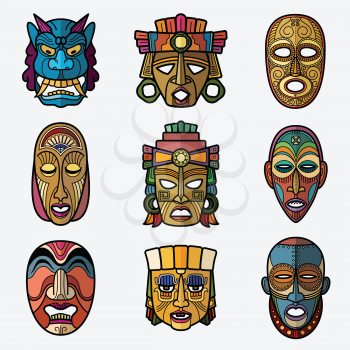 African craft voodoo tribal mask and inca south american culture totem symbols vector set. African mask souvenir, voodoo traditional face illustration