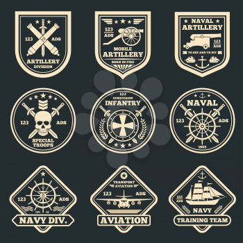 Vintage military and army vector emblems, badges and labels. Label and sticker aviation army and infantry illustration
