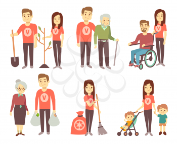Volunteer helping to disabled people vector characters set for volunteering concept. Volunteer help and assistance disability people illustration