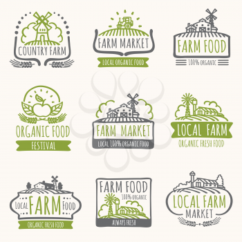 Retro farm market signs. Vintage fresh organic food vector labels with harvest field. Illustration of farm organic label for natural product