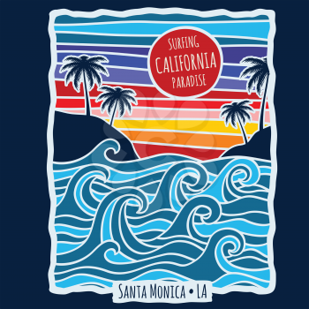 Vintage summer california surfing t shirt print design vector illustration. T-shirt with beach and palm tropical