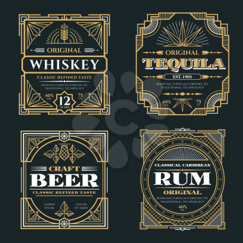 Vintage whiskey and alcoholic beverages vector labels in art deco retro style. Alcohol whiskey rum and tequila poster illustration