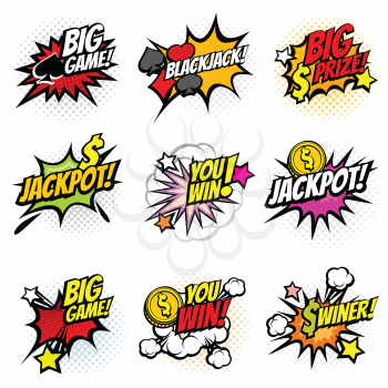 Vector winning game bubble stickers in retro pop art comic style. Explosion bubble winner comic speech. Vector illustration