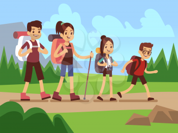 Happy family hikers. Autumn trekking outdoor adventure vector concept. Trekking family, recreation and active adventure tourism illustration