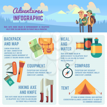 Outdoors adventure vector infographics with hiking and climbing equipment icons, traveling people and charts. Adventure infographic travel, backpack and camp, equipment compass illustration
