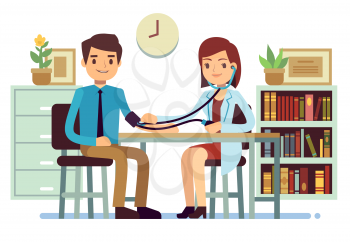 Healthcare and medicine vector concept with doctor checking patients blood pressure. Doctor check pressure patient illustration