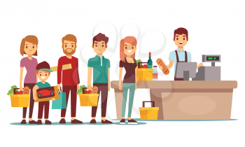 Customers people queue at cash desk with cashier in supermarket. Shopping vector concept. People queue in store market illustration