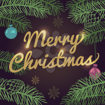 Merry Christmas vector background with pine tree branches and balls. Merry christmas with xmas tree decoration branch illustration