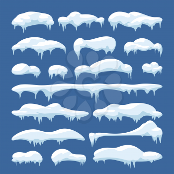 Cartoon snow caps, snowdrifts and icicles. Snowy christmas decoration vector elements. Snow cold frozen, snowflake wintery for web design illustration