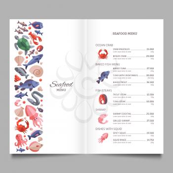 Seafood restaurant vector menu template with fish salmon and octopus illustration