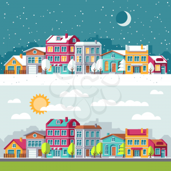 Winter and summer landscape with city houses flat vector illustration. Building cityscape architecture town street