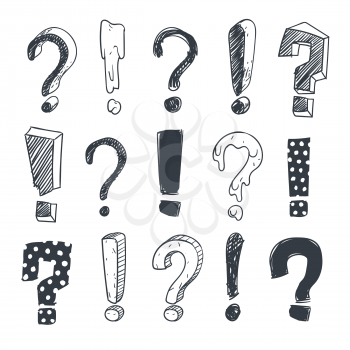 Grunge doodle sketch exclamation and question marks vector set. Collection of question mark and exclamation marks illustration