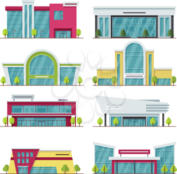 Contemporary shopping mall and store buildings vector icons. Color shop market, city supermarket architecture illustration