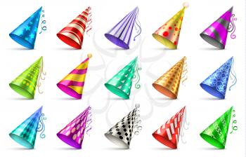 Paper birthday party hats isolated. Funny caps for celebration vector set. Cap cone for birthday party illustration