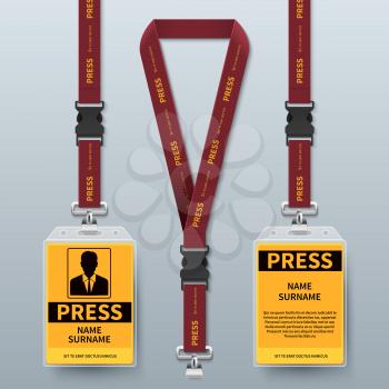Business press pass id card lanyard badges realistic vector mock up isolated. Holder and lanyard, identity card for security to conference illustration