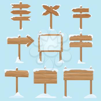 Cartoon wooden signs with snow. Christmas winter holidays vector elements. Wooden billboard banner, signboard directional and pointing guidepost illustration