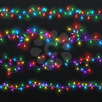 Christmas light garlands. Xmas vector decoration with colorful lightbulbs isolated. Bright christmas garland colorful illustration