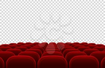 Empty movie theater auditorium with red seats. Cinema hall interior isolated vector illustration. Interior auditorium hall theater and cinema with red seat