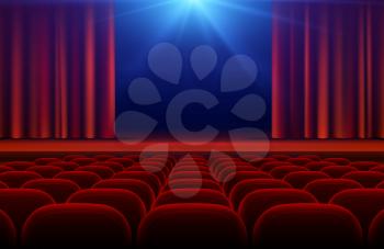 Cinema or theater hall with stage, red curtain and seats vector illustration. Cinema theater and curtain for stage