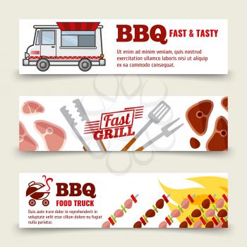 BBQ and steak horizontal banners template. Meat, burgers and barbecue icons. Vector collection illustration