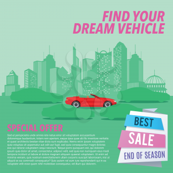Car sale banner. Vector illustration with cartoon-style red cabriolet car on urban silhouette background. Poster sale car for transportation