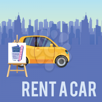Car sale banner or poster rent auto. Vector illustration with little cartoon-style yellow car on violet background