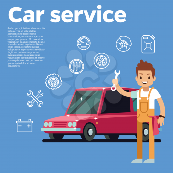 Cars tips vector illustration. auto mechanic with wrench against the red car on background. Auto repair service car, technician man