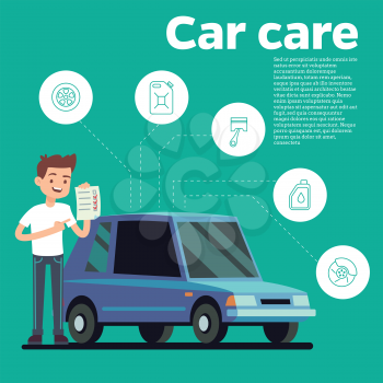 Cars tips vector illustration. Young man with checklist and blue car, Cartoon automobile