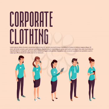 Corporate clothes isometric illustration. Standing people in one-colored dress on colored background vector