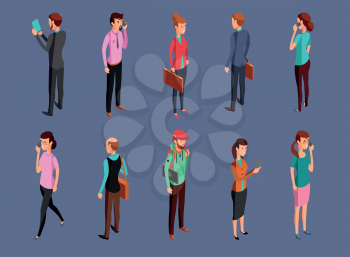 Different office people standing and using gadgets. Isometric woman and businessman vector illustration