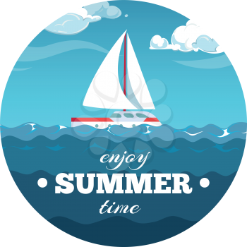 Enjoy summer time postcard design. Sea illustration with sample text and boat. Summer time on sail boat in sea water illustration