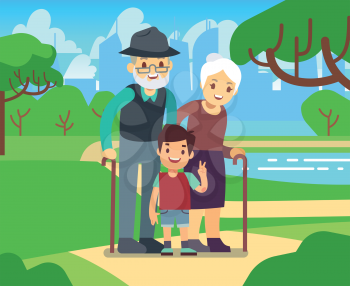 Happy cartoon older couple with grandson in park vector illustration. Grandfather and grandmother together grandson