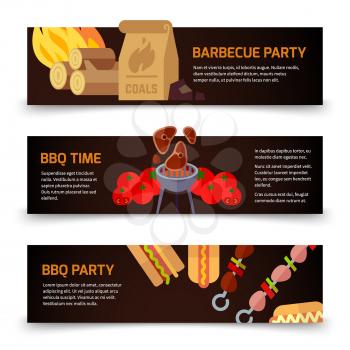 Horizontal banners for Internet and web. Barbecue, hamburgers and charcoal wood icons on black background. Vector illustration