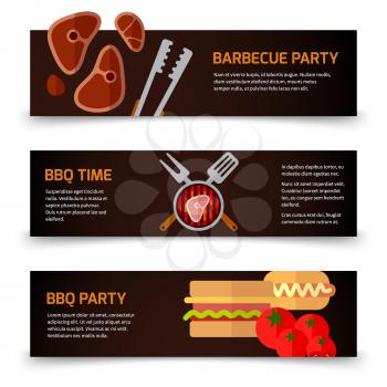 Horizontal banners for Internet and web. BBQ, burgers and grill tongs on black background. Vector illustration