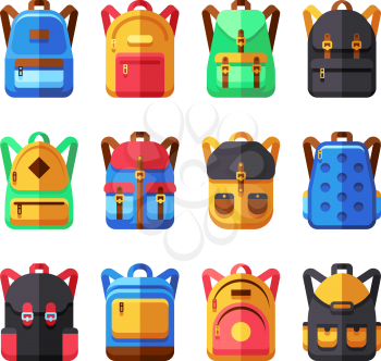 School backpacks vector set. Kids schoolbag flat collection. Backpack and schoolbag illustration