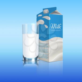 Milk Carton Box with Glass cup. Vector template drink milk illustration