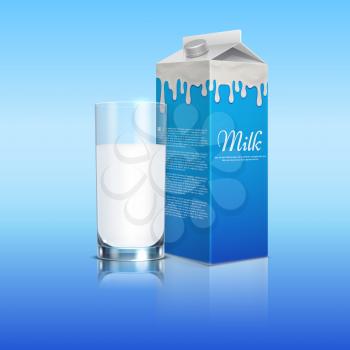 Milk pack realistic with glass cup on blue background. Vector template. Milk drink glass cup and pack illustration