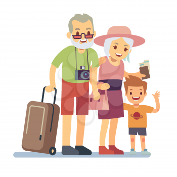 Old people with grandson travelers on holiday. Smiling grandparents on vacation. Happy elderly veteran traveling vector concept. People grandparent with grandson illustration