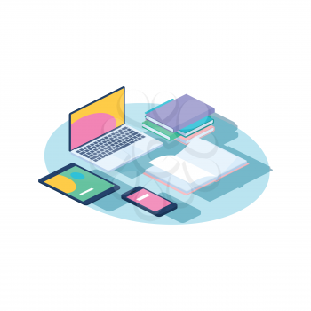 Online education concept. Isometric laptop, phone, books colored on yellow background. Vector illustration