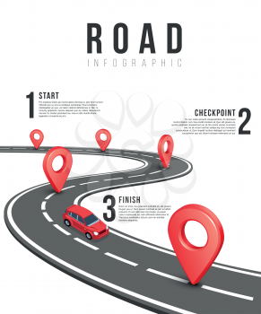 Road infographic vector template with red isometric car. Business road infographic start finish and checkpoint illustration
