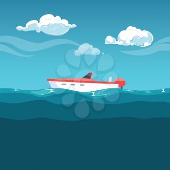 Sea illustration. Red boat rocking on the waves ocean vector