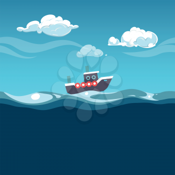 Sea illustration. Steam boat on the waves. Vector ship travel in ocean