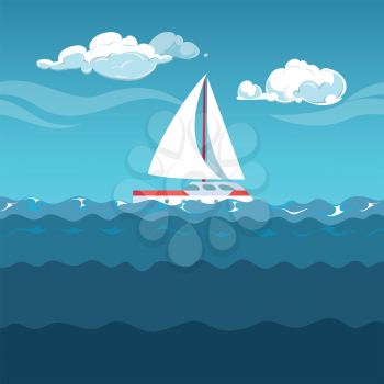 Sea illustration. White sail boat on small waves ocean vector